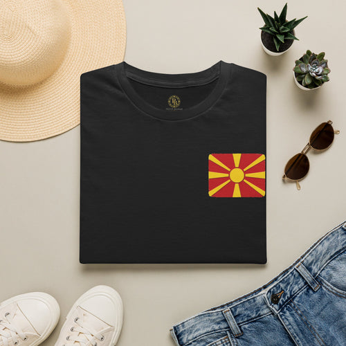 Macedonian Flag Pocket T-Shirt | North Macedonia Sunburst Chest Print
