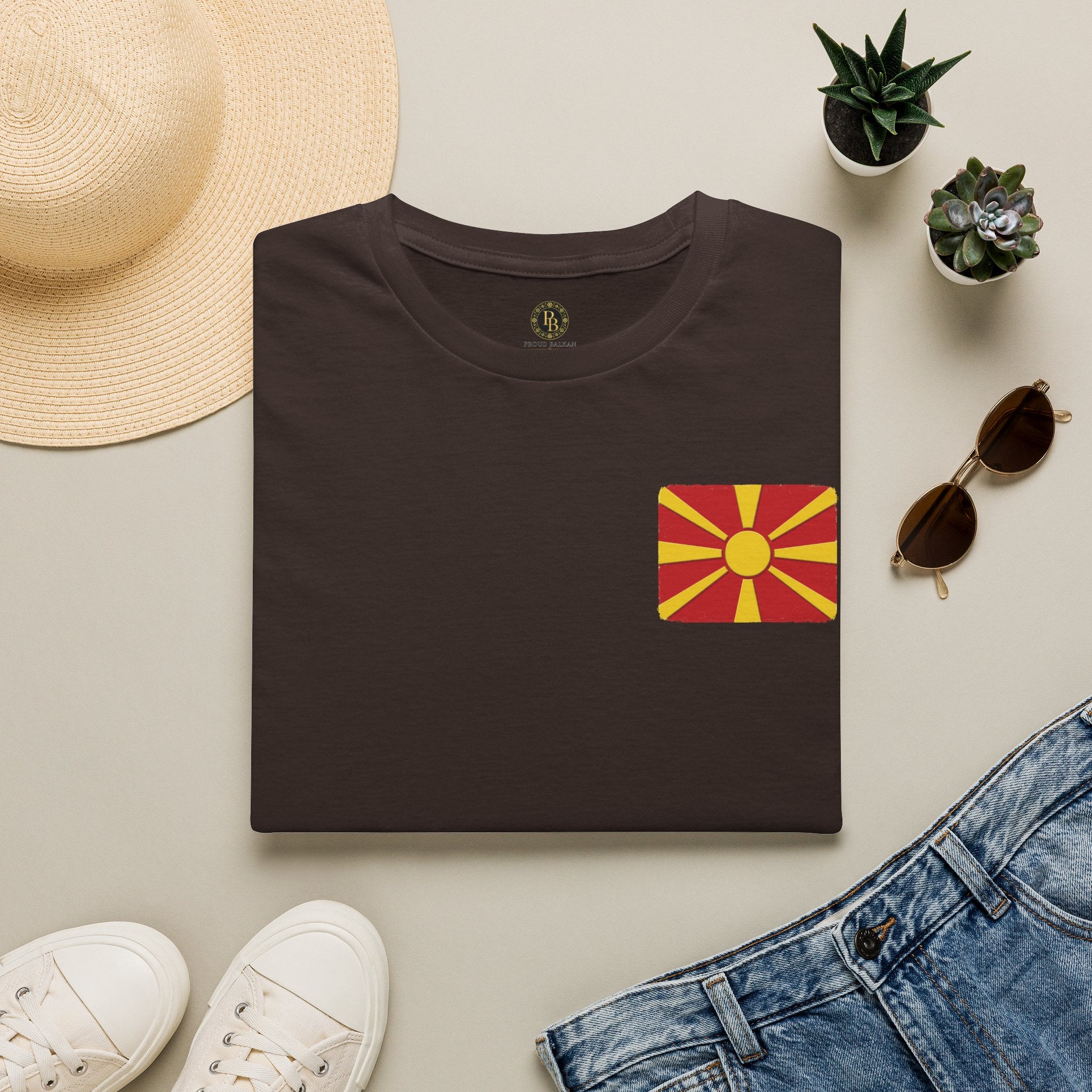 Macedonian Flag Pocket T-Shirt | North Macedonia Sunburst Chest Print
