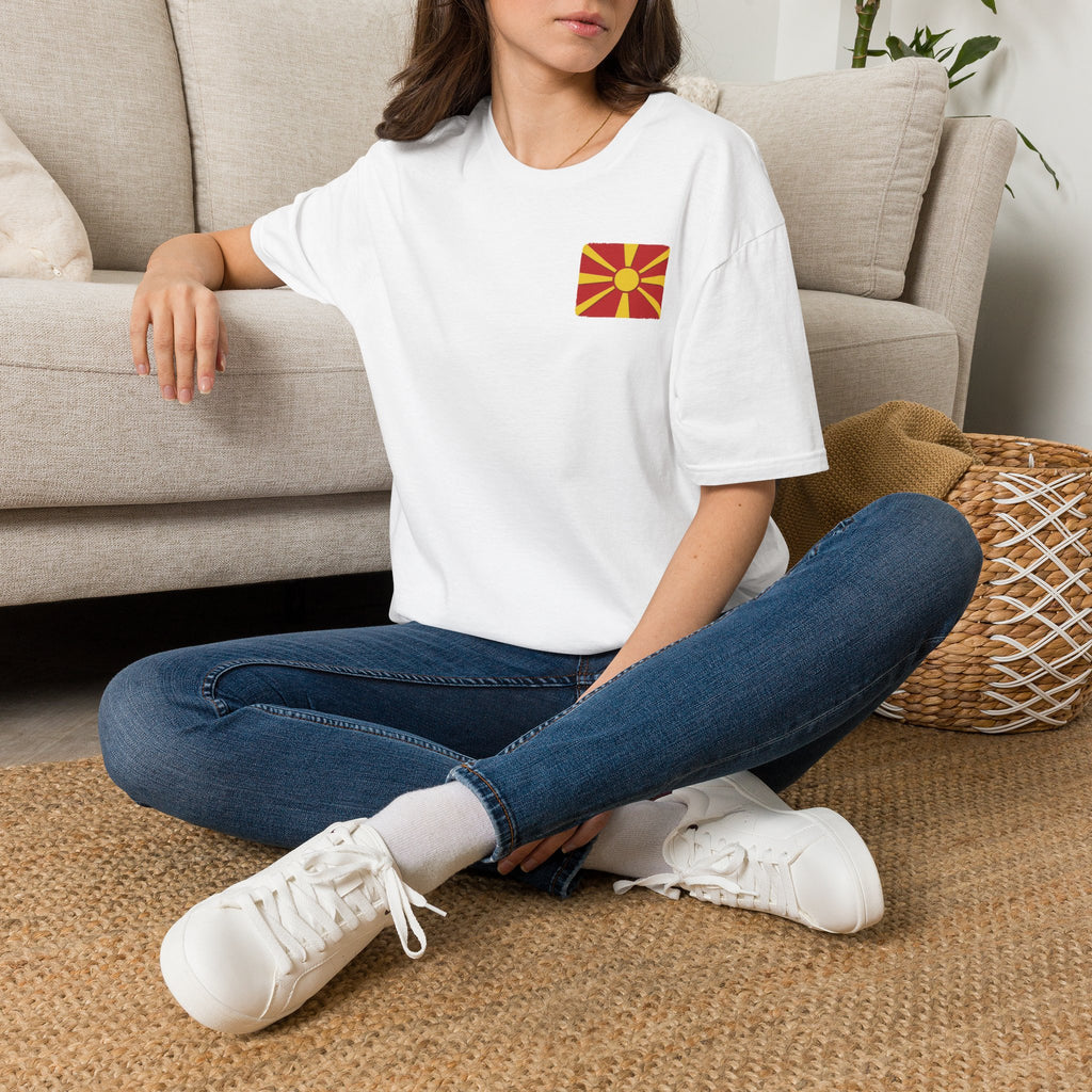 Macedonian Flag Pocket T-Shirt | North Macedonia Sunburst Chest Print