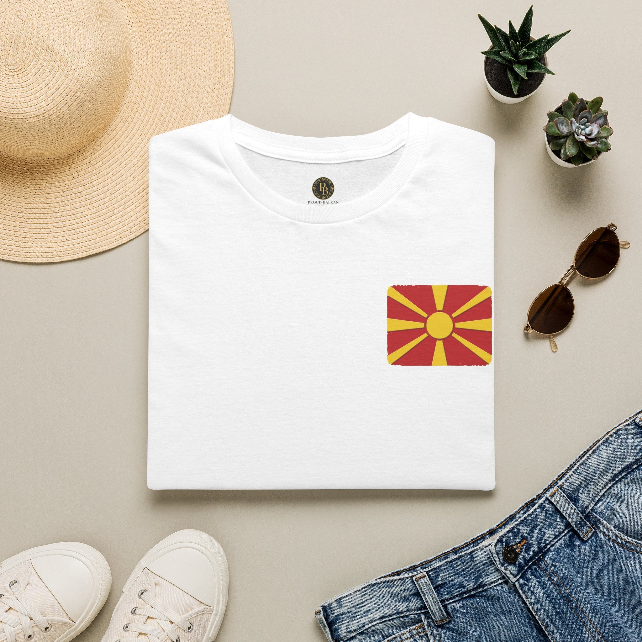 Macedonian Flag Pocket T-Shirt | North Macedonia Sunburst Chest Print